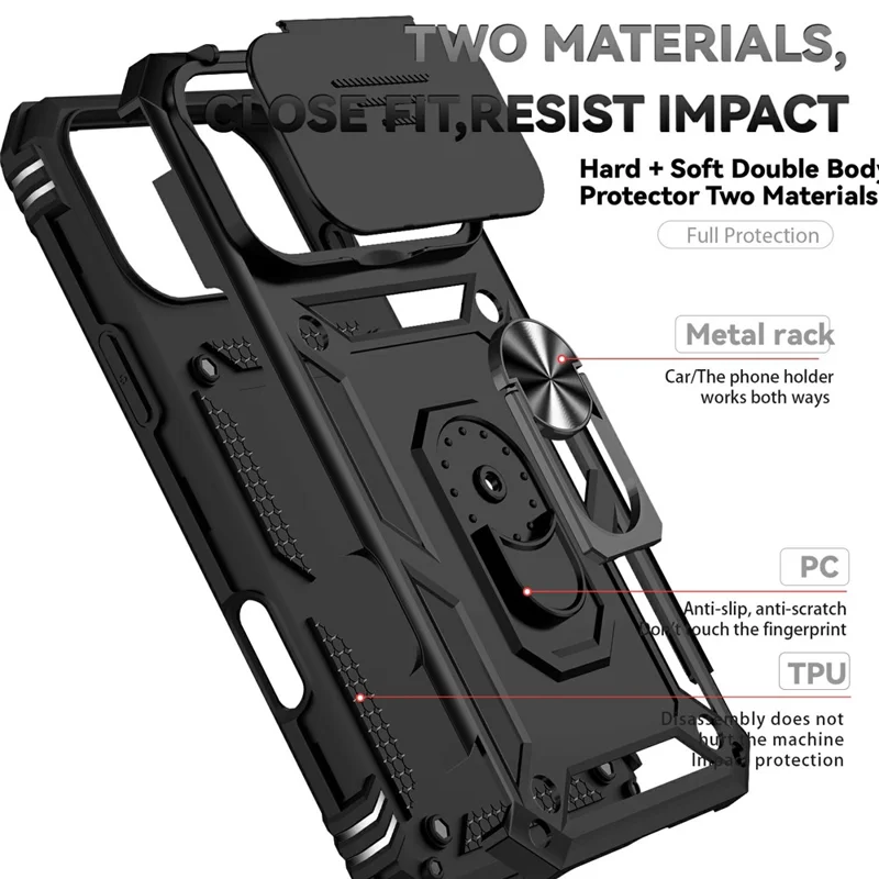 For iPhone 17 Pro Max Case PC + TPU Phone Cover with Lens Protection Kickstand - Black