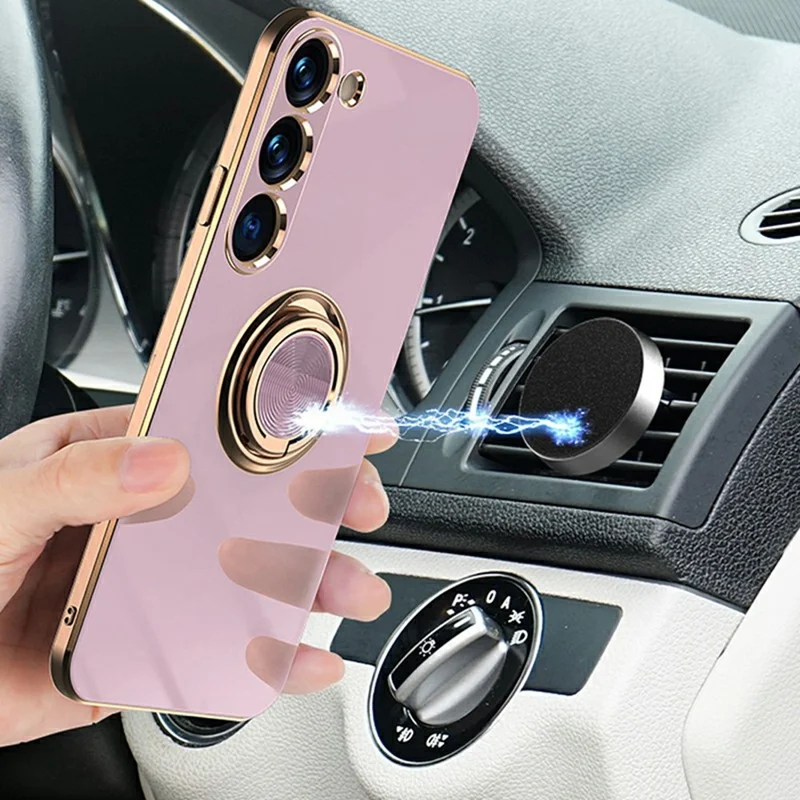 For Samsung Galaxy S23 Case Precise Cutouts 6D Electroplating TPU Phone Cover with Ring Holder - Pink