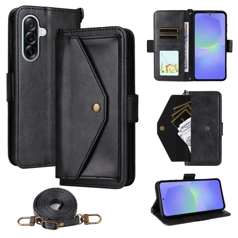 For Samsung Galaxy A26 5G Leather Case Magnetic Closure Wallet Stand Phone Cover with Crossbody Strap - Black
