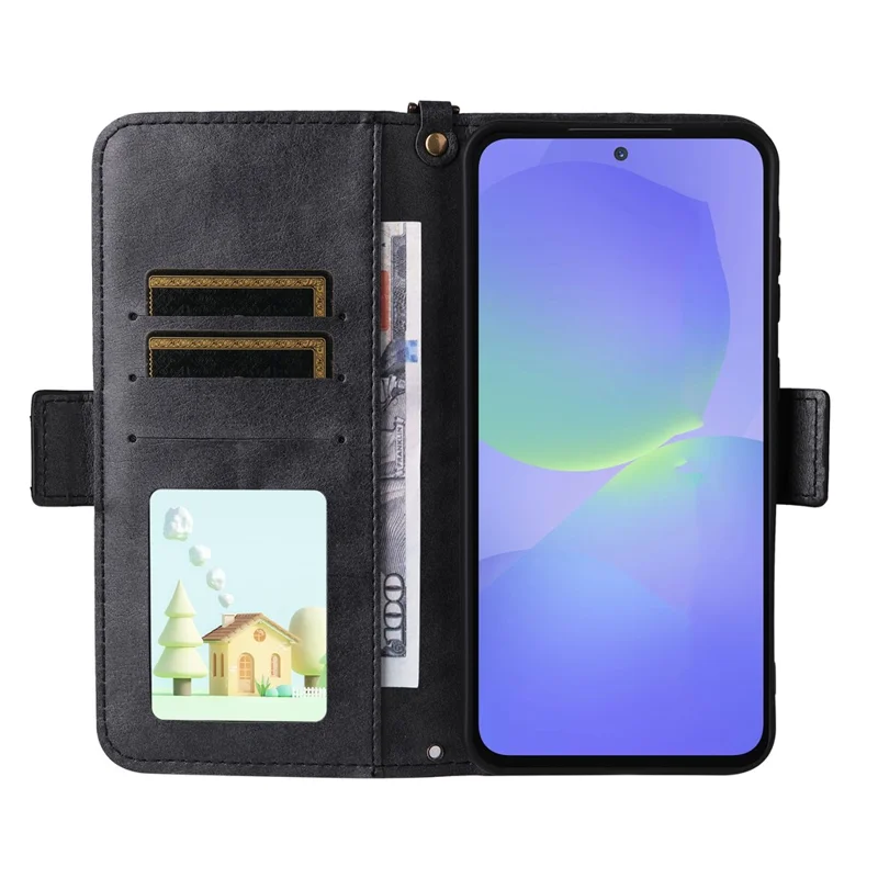 For Samsung Galaxy A26 5G Leather Case Magnetic Closure Wallet Stand Phone Cover with Crossbody Strap - Black