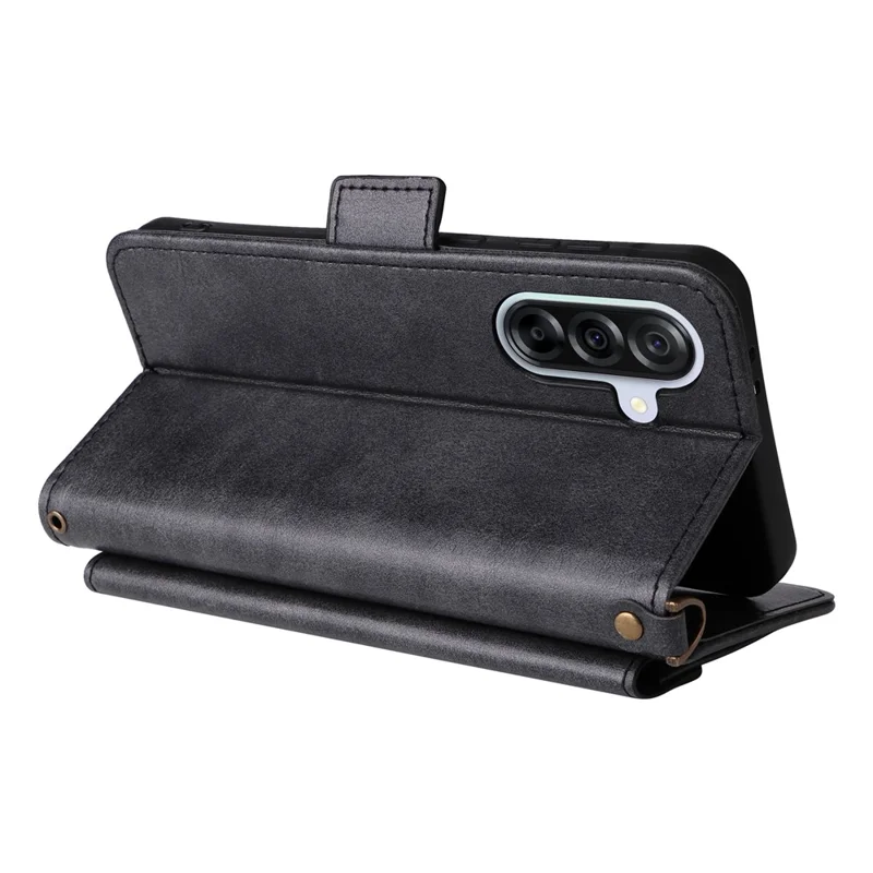 For Samsung Galaxy A26 5G Leather Case Magnetic Closure Wallet Stand Phone Cover with Crossbody Strap - Black