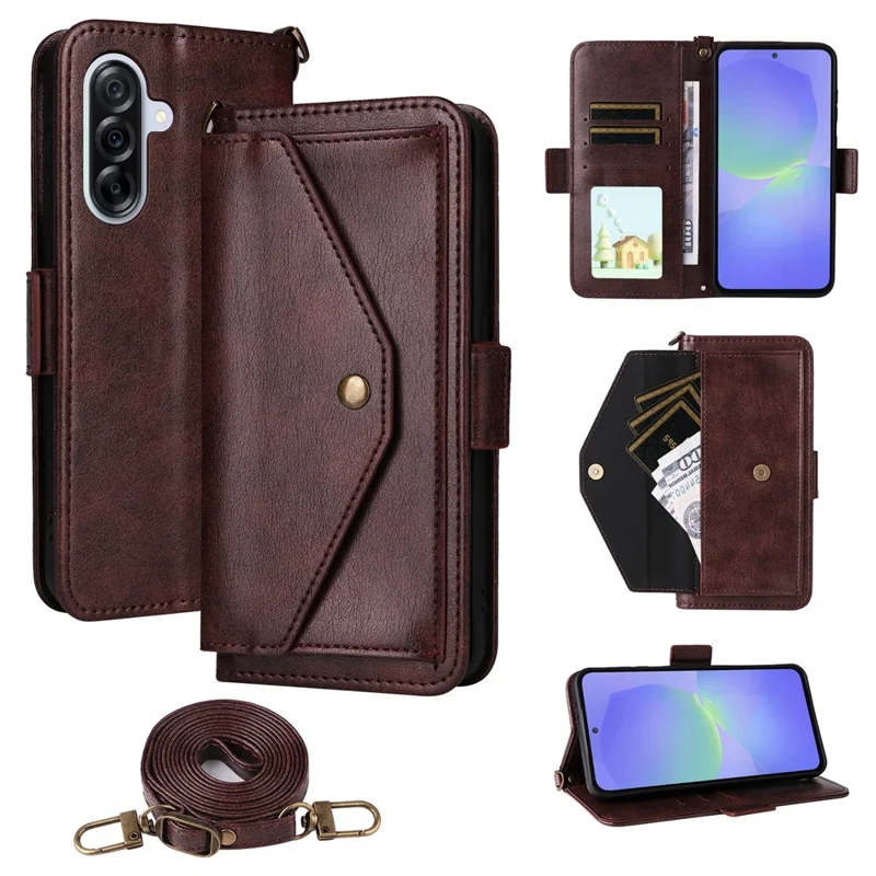 For Samsung Galaxy A55 5G Leather Case Magnetic Closure Wallet Stand Phone Cover with Crossbody Strap - Brown