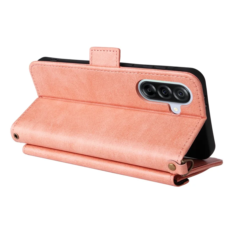 For Samsung Galaxy A15 5G  /  4G Leather Case Magnetic Closure Wallet Stand Phone Cover with Crossbody Strap - Pink