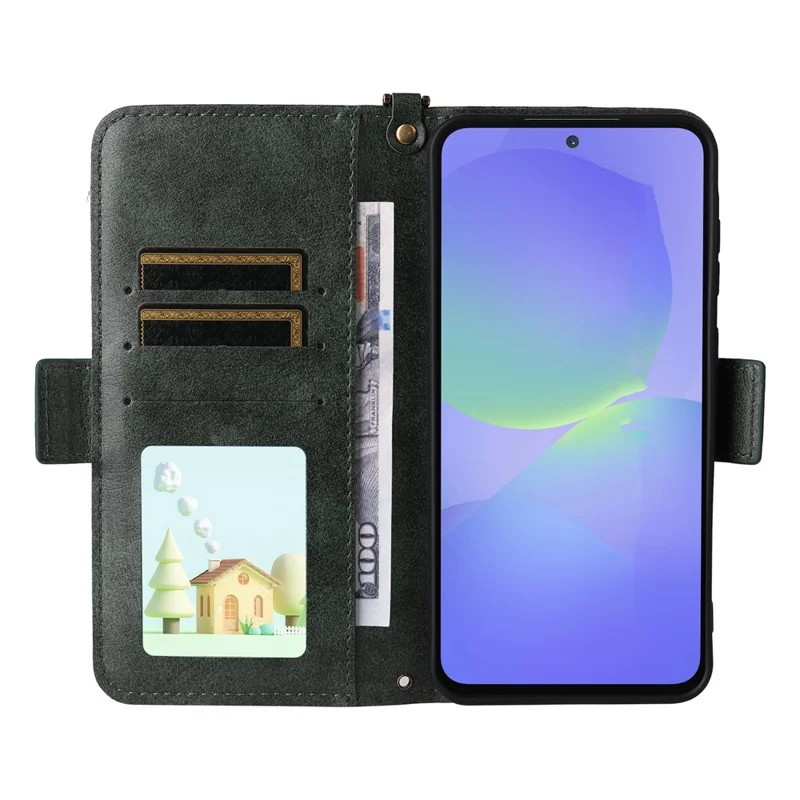For Samsung Galaxy A24 4G (162.1mm) Leather Case Magnetic Closure Wallet Stand Phone Cover with Crossbody Strap - Green