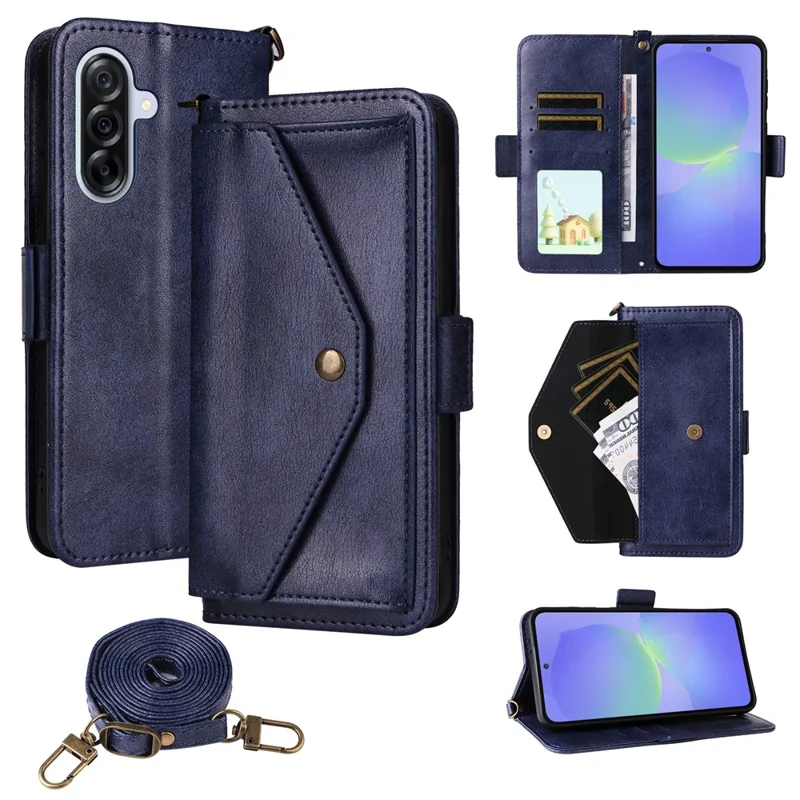 For Samsung Galaxy A25 5G (Global) (161.0mm) Leather Case Magnetic Closure Wallet Stand Phone Cover with Crossbody Strap - Blue