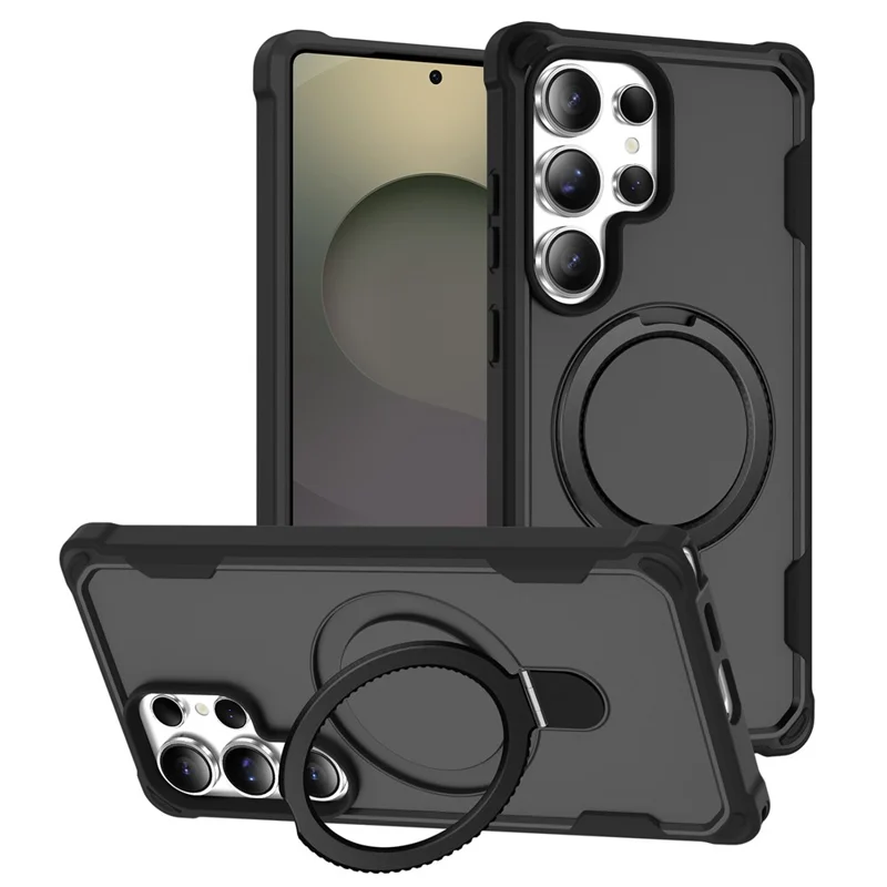 For Samsung Galaxy S25 Ultra Magnetic Case Kickstand TPU + PC Shockproof Phone Back Cover - Black