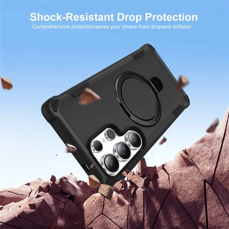 For Samsung Galaxy S25 Ultra Magnetic Case Kickstand TPU + PC Shockproof Phone Back Cover - Black