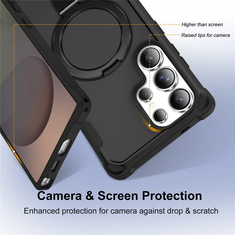 For Samsung Galaxy S25 Ultra Magnetic Case Kickstand TPU + PC Shockproof Phone Back Cover - Black