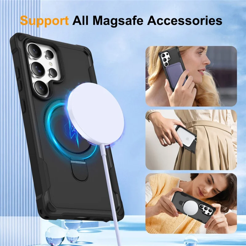 For Samsung Galaxy S25 Ultra Magnetic Case Kickstand TPU + PC Shockproof Phone Back Cover - Black