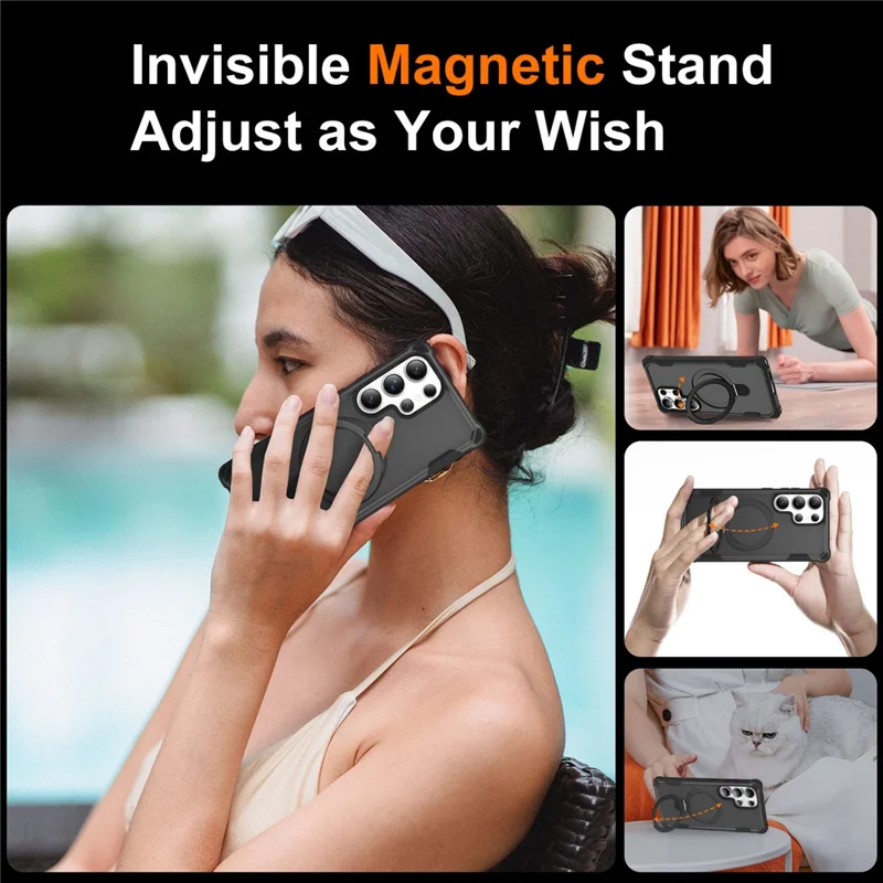 For Samsung Galaxy S25 Ultra Magnetic Case Kickstand TPU + PC Shockproof Phone Back Cover - Black