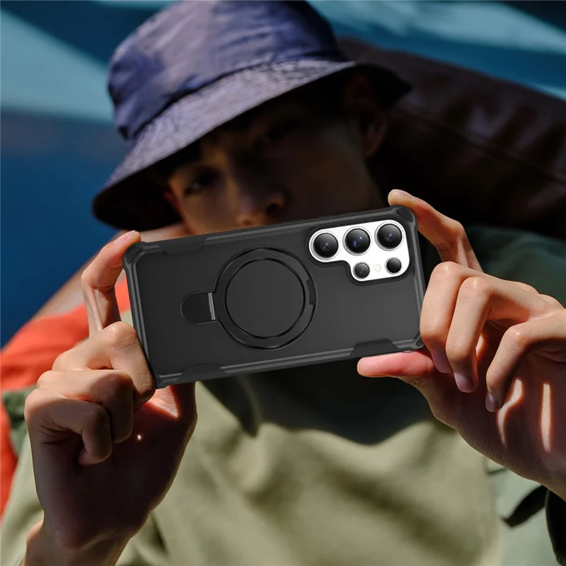 For Samsung Galaxy S25 Ultra Magnetic Case Kickstand TPU + PC Shockproof Phone Back Cover - Black