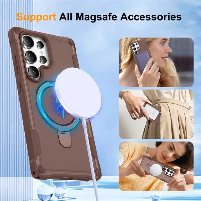 For Samsung Galaxy S24 Ultra Case Compatible with MagSafe Kickstand TPU + PC Shockproof Phone Back Cover - Gold