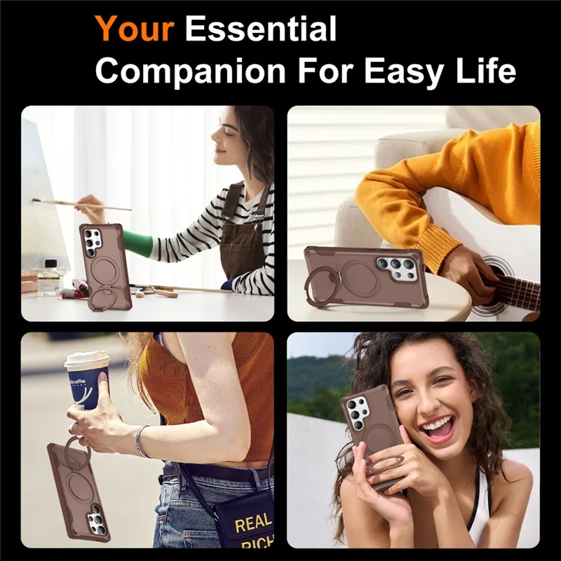 For Samsung Galaxy S24 Ultra Case Compatible with MagSafe Kickstand TPU + PC Shockproof Phone Back Cover - Gold