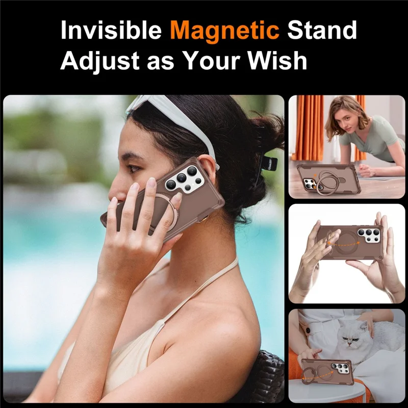 For Samsung Galaxy S24 Ultra Case Compatible with MagSafe Kickstand TPU + PC Shockproof Phone Back Cover - Gold