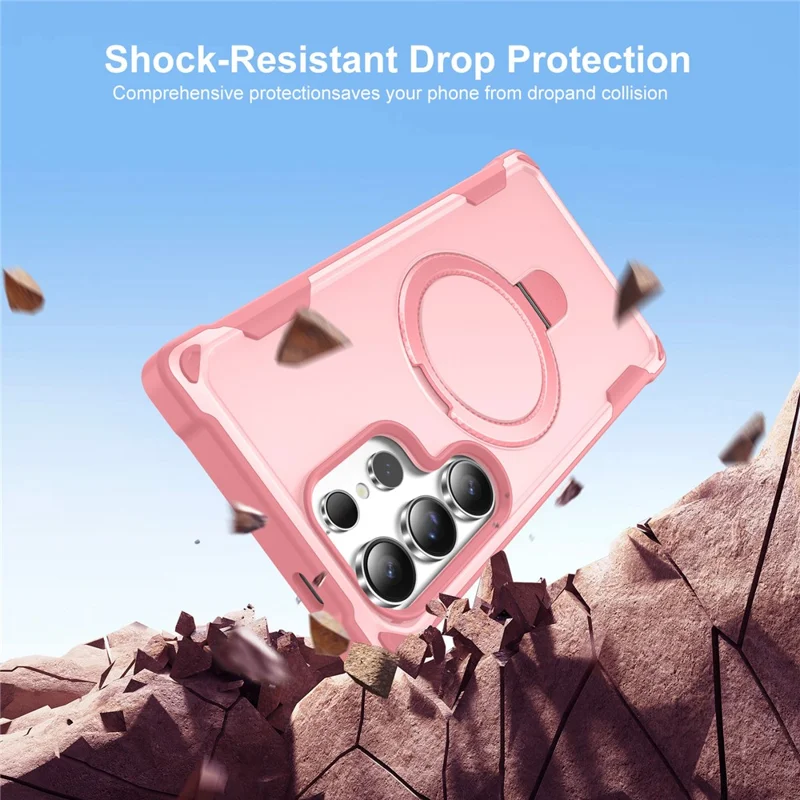 For Samsung Galaxy S24 Ultra Magnetic Case Kickstand TPU + PC Shockproof Phone Back Cover - Pink