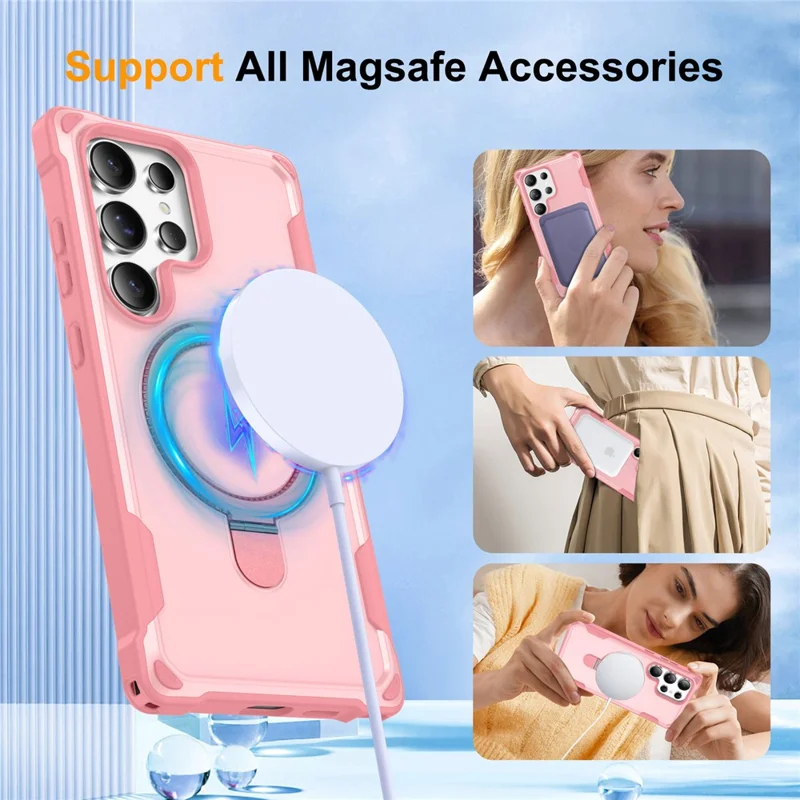 For Samsung Galaxy S24 Ultra Magnetic Case Kickstand TPU + PC Shockproof Phone Back Cover - Pink