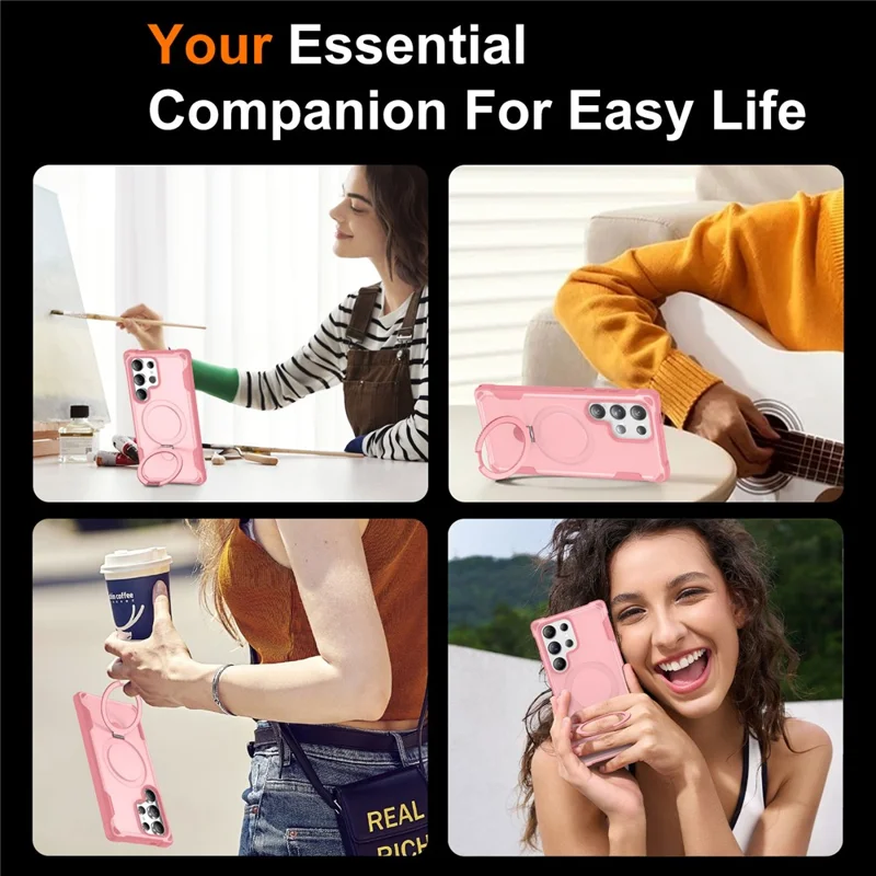 For Samsung Galaxy S24 Ultra Magnetic Case Kickstand TPU + PC Shockproof Phone Back Cover - Pink