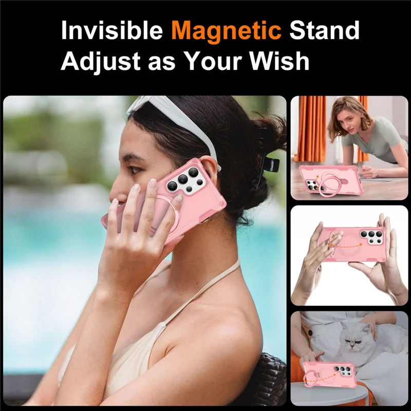 For Samsung Galaxy S24 Ultra Magnetic Case Kickstand TPU + PC Shockproof Phone Back Cover - Pink