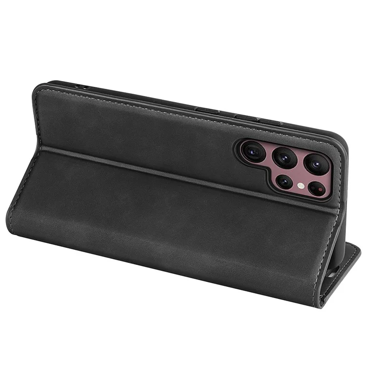 Pour Samsung Galaxy S23 Ultra Peau de contact Feeling PU Leather Cover Magnetic Auto-absorbed Phone Case with Stand Wallet - Noir