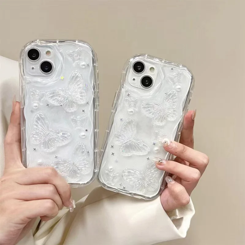 Capa para iPhone 15 Design de Borboleta de Pérola Capa de Telefone TPU Transparente