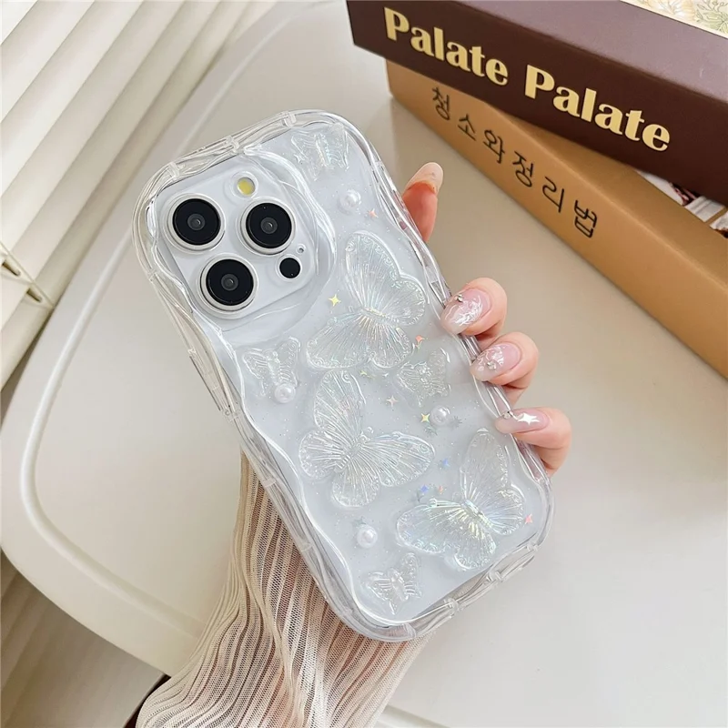 For iPhone 15 Pro Max Case Pearl Butterfly Design Clear TPU Phone Cover
