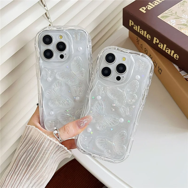 For iPhone 15 Pro Max Case Pearl Butterfly Design Clear TPU Phone Cover