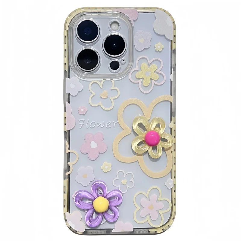 Étui Grid Frame pour iPhone 16 Pro avec Design de Fleur 3D en TPU - Jaune