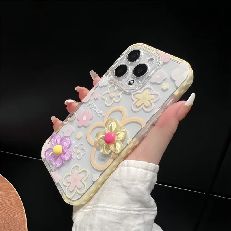 Étui Grid Frame pour iPhone 16 Pro avec Design de Fleur 3D en TPU - Jaune