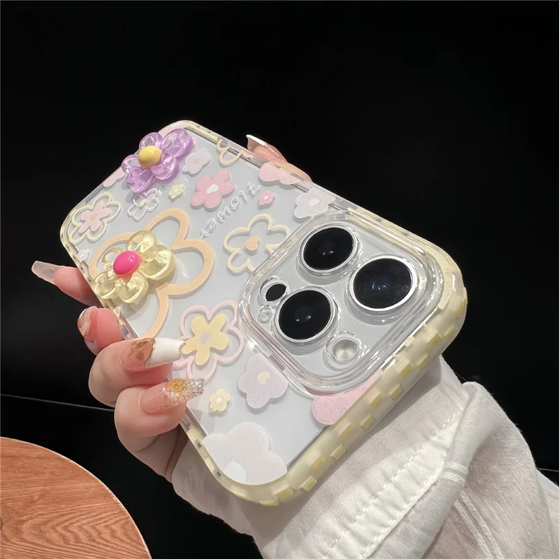 Étui Grid Frame pour iPhone 16 Pro avec Design de Fleur 3D en TPU - Jaune