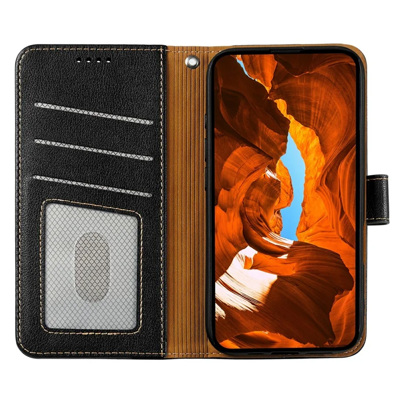 Cover a portafoglio per Samsung Galaxy A07 con blocco RFID, texture Litchi, in pelle, con chiusura magnetica - Nero