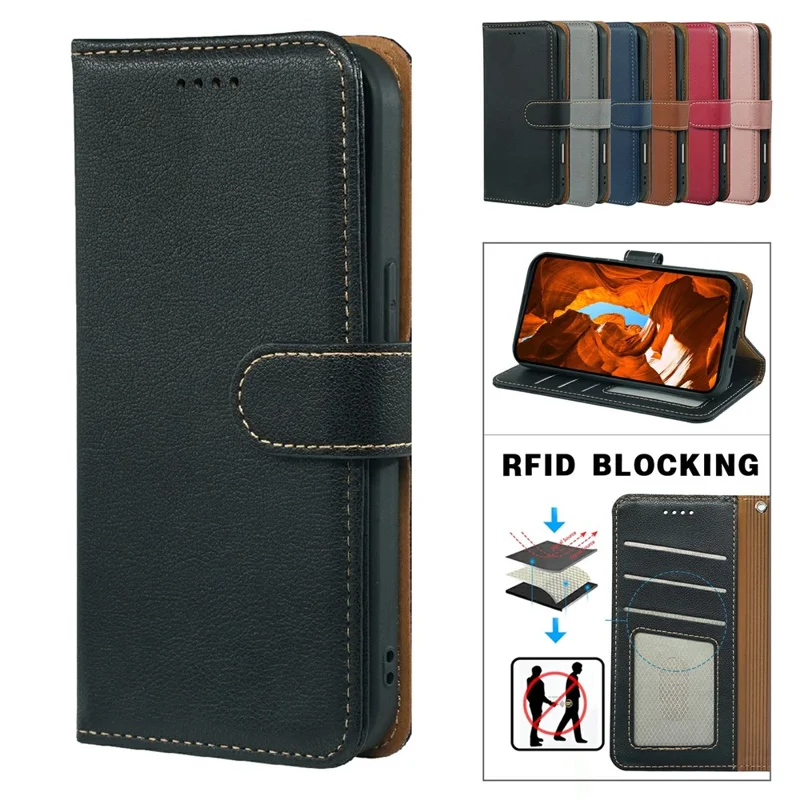 Cover a portafoglio per Samsung Galaxy A07 con blocco RFID, texture Litchi, in pelle, con chiusura magnetica - Nero