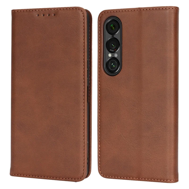 Capa para Sony Xperia 1 VII em Couro PU Texturizado de Bezerro com Fechamento Magnético para Smartphone - Marrom Escuro