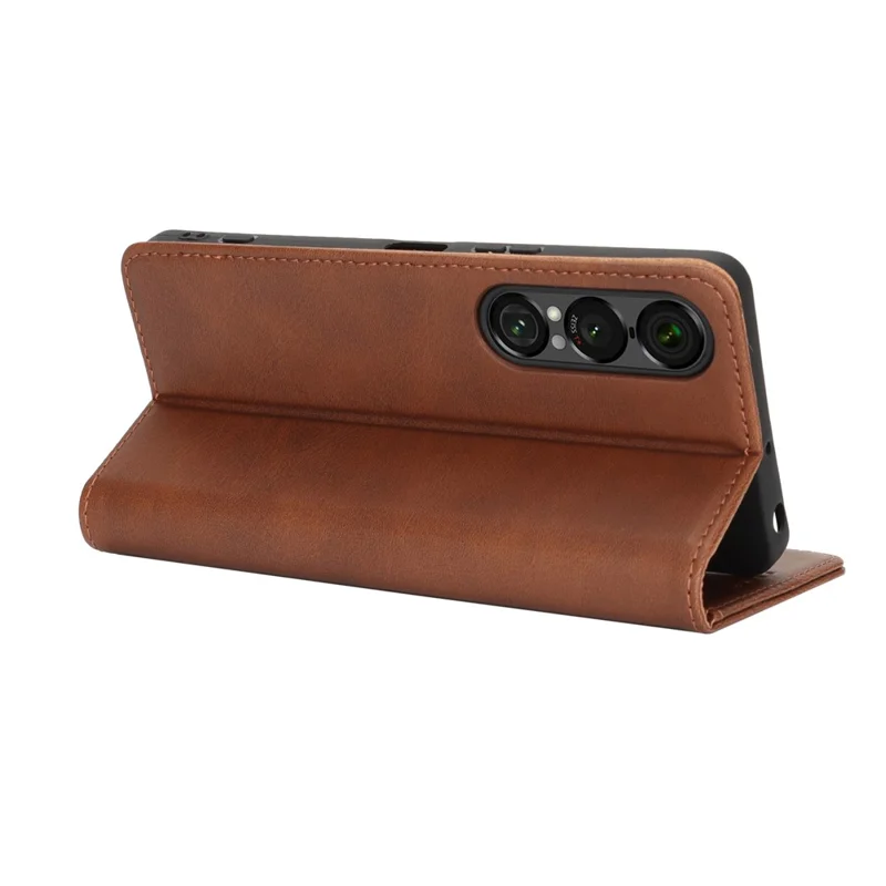 Capa para Sony Xperia 1 VII em Couro PU Texturizado de Bezerro com Fechamento Magnético para Smartphone - Marrom Escuro