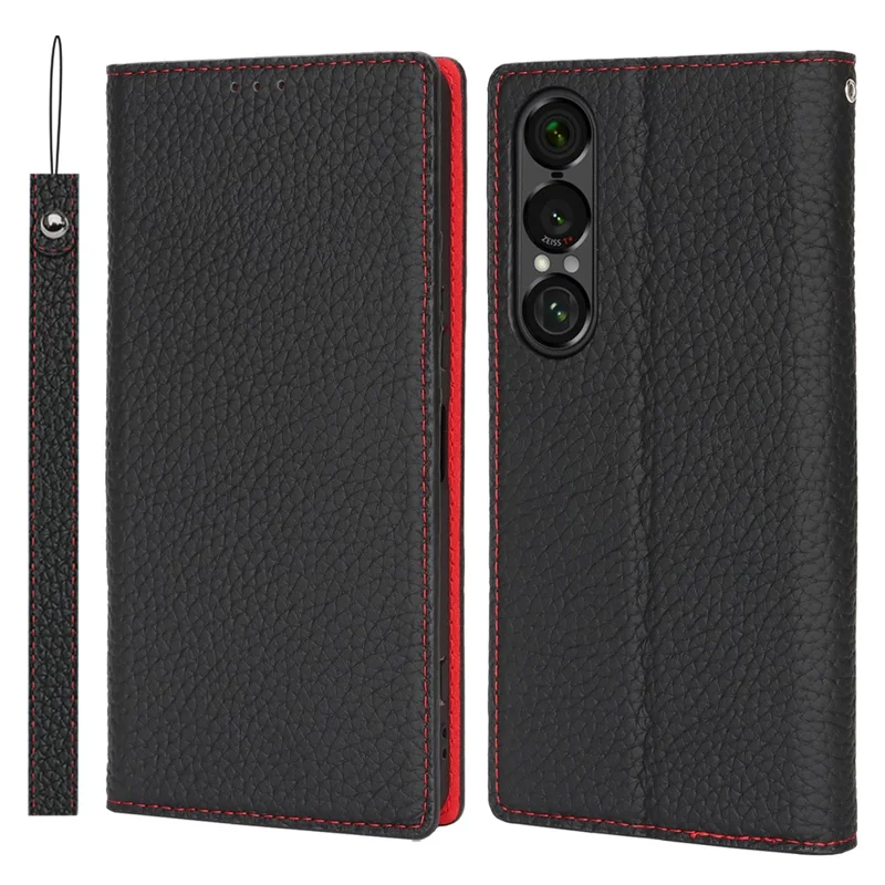 For Sony Xperia 1 VII Wallet Case Genuine Cow Leather Phone Cover Litchi Texture - Black
