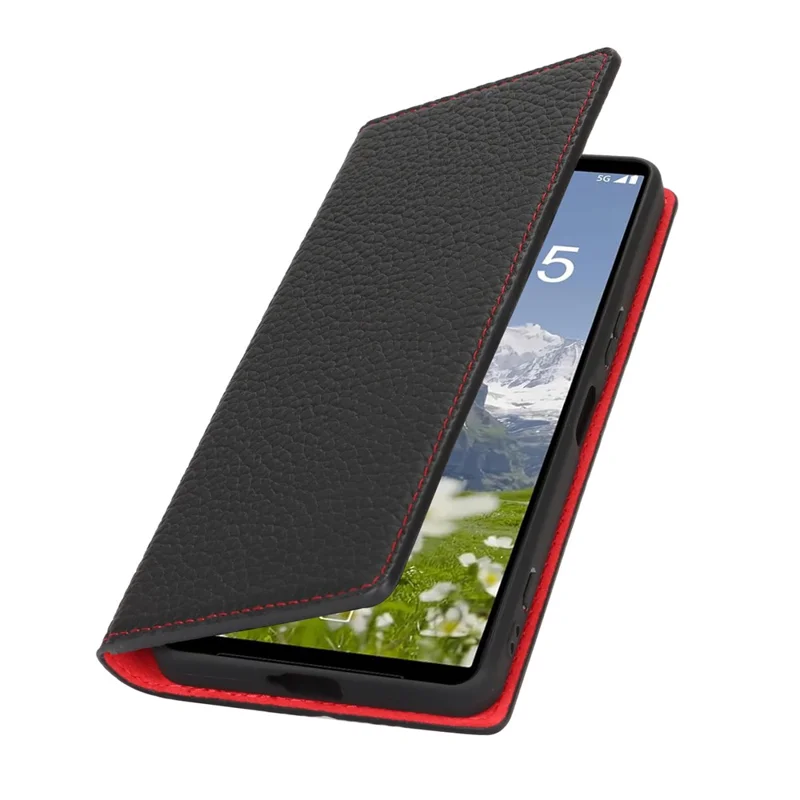 For Sony Xperia 1 VII Wallet Case Genuine Cow Leather Phone Cover Litchi Texture - Black