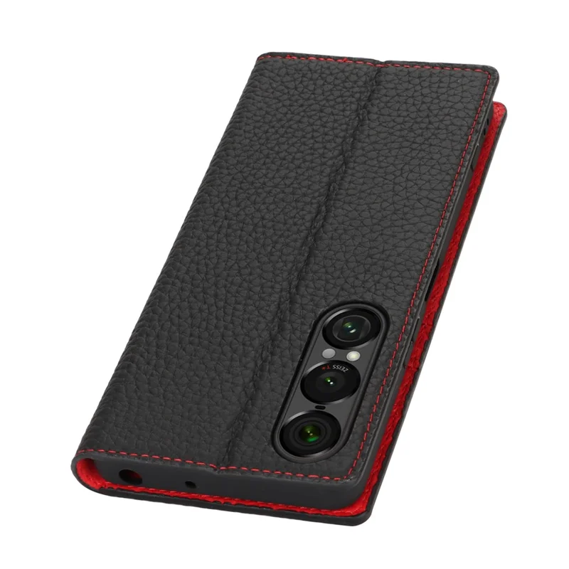 For Sony Xperia 1 VII Wallet Case Genuine Cow Leather Phone Cover Litchi Texture - Black