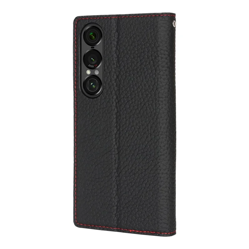 For Sony Xperia 1 VII Wallet Case Genuine Cow Leather Phone Cover Litchi Texture - Black