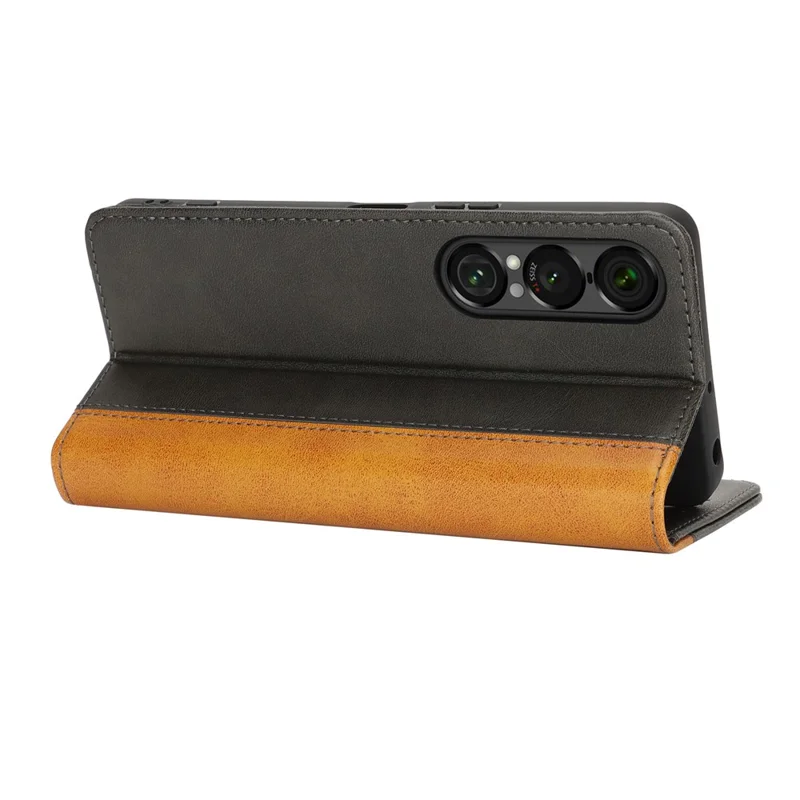 Capa para Sony Xperia 1 VII em Couro com Textura de Bezerro, 3 Compartimentos para Cartões, Design Bicolor - Preto+Amarelo