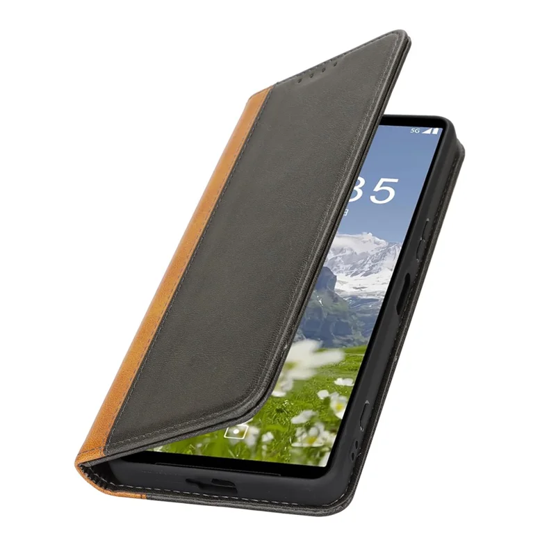Capa para Sony Xperia 1 VII em Couro com Textura de Bezerro, 3 Compartimentos para Cartões, Design Bicolor - Preto+Amarelo