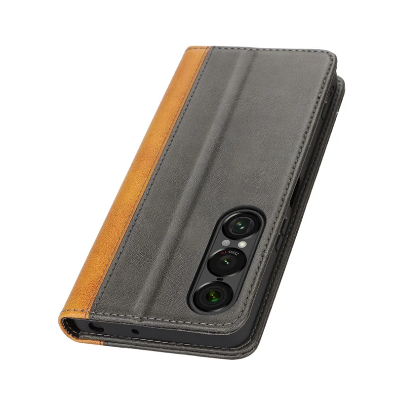 Capa para Sony Xperia 1 VII em Couro com Textura de Bezerro, 3 Compartimentos para Cartões, Design Bicolor - Preto+Amarelo