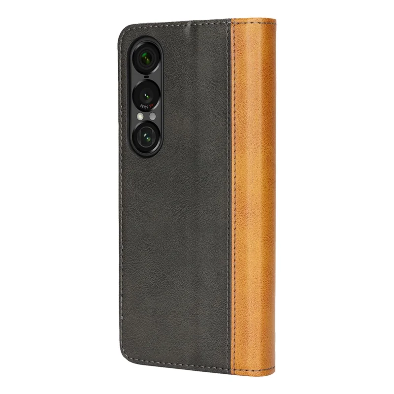Capa para Sony Xperia 1 VII em Couro com Textura de Bezerro, 3 Compartimentos para Cartões, Design Bicolor - Preto+Amarelo