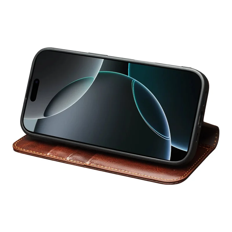 QIALINO Чехол-кошелек для iPhone 17 Pro Max из натуральной воловьей кожи со стендом - Коричневый
