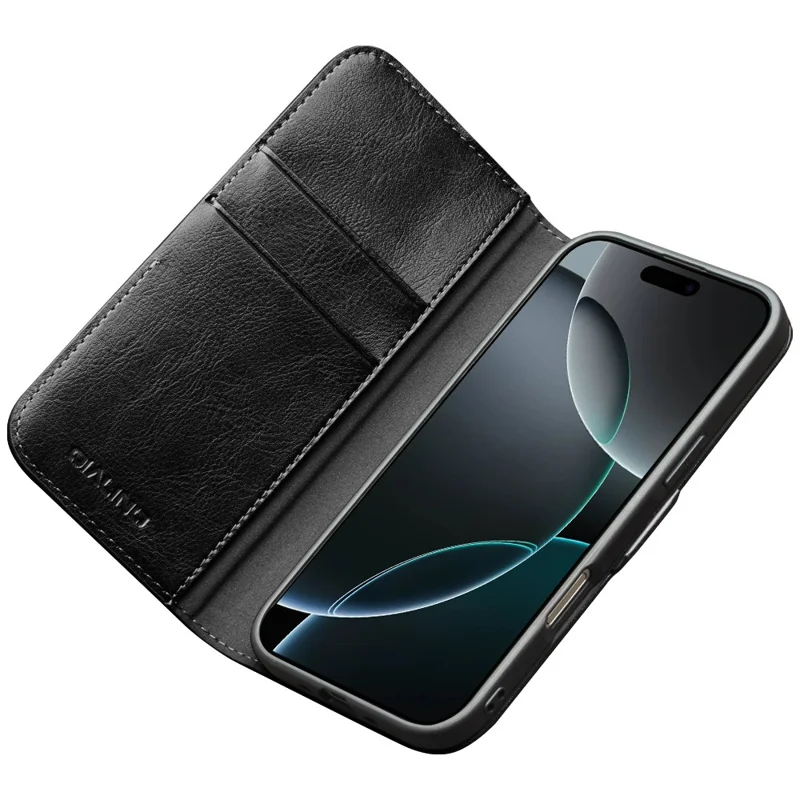 QIALINO Per iPhone 17 Custodia Aria con Porta Carte Vera Pelle di Mucca Supporto Cover Telefono - Nero