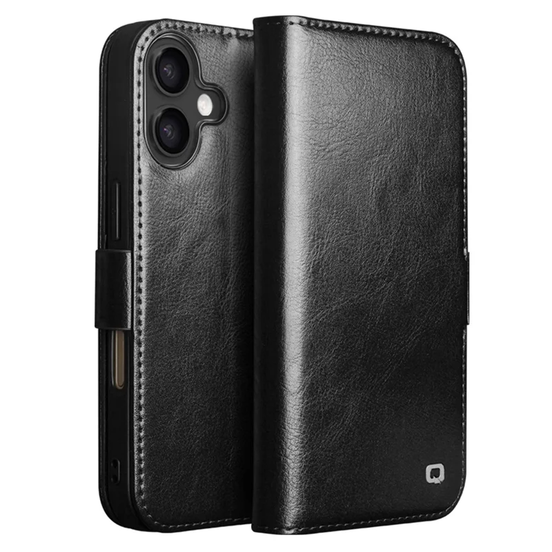 QIALINO For iPhone 17 Case with Card Holder Genuine Cow Leather Stand Phone Cover - Black