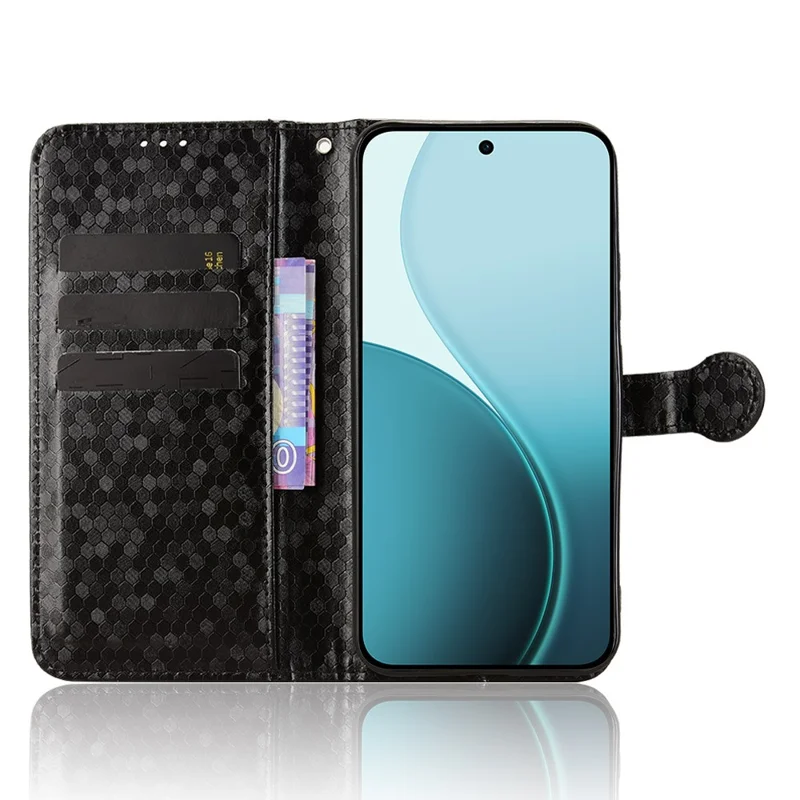 For Oppo Reno14 F 5G Wallet Case Dot Pattern Imprint PU Leather Phone Cover with Wrist Strap - Black