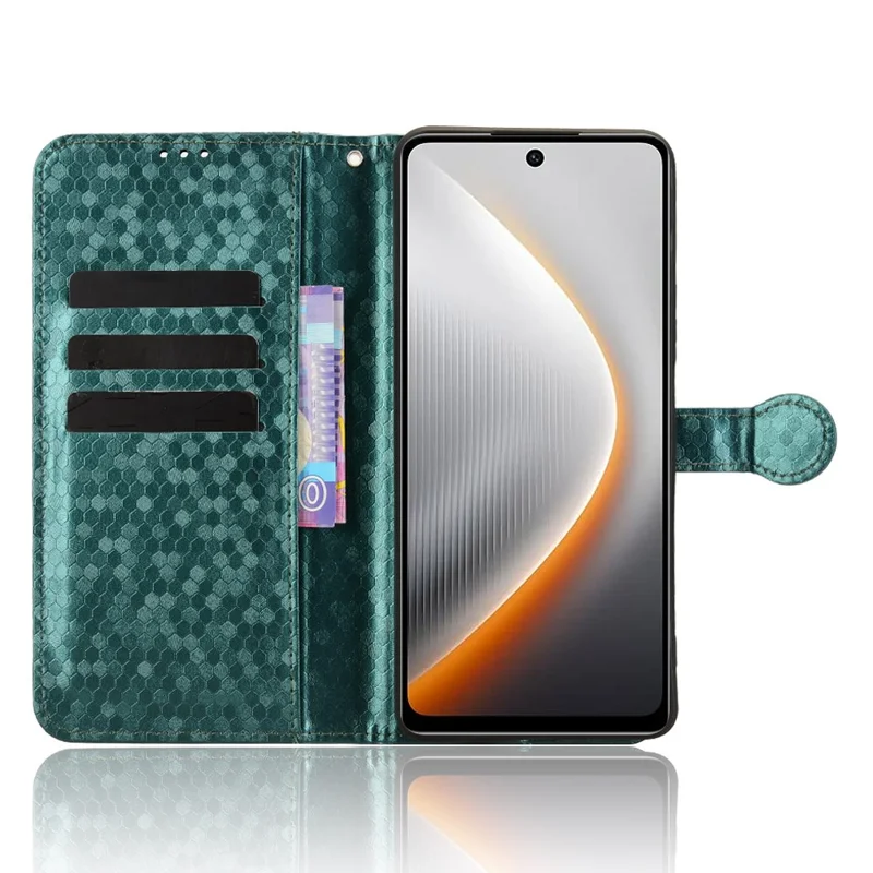 For TECNO Pova 7 4G Wallet Case Dot Pattern Imprint PU Leather Phone Cover with Wrist Strap - Green