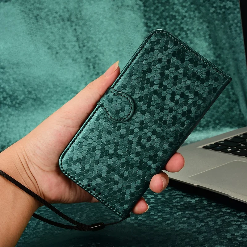 For TECNO Pova 7 4G Wallet Case Dot Pattern Imprint PU Leather Phone Cover with Wrist Strap - Green