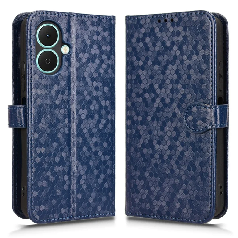 For TECNO Spark Go 2 4G Wallet Case Dot Pattern Imprint PU Leather Phone Cover with Wrist Strap - Dark Blue
