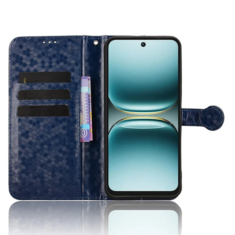 For TECNO Spark Go 2 4G Wallet Case Dot Pattern Imprint PU Leather Phone Cover with Wrist Strap - Dark Blue