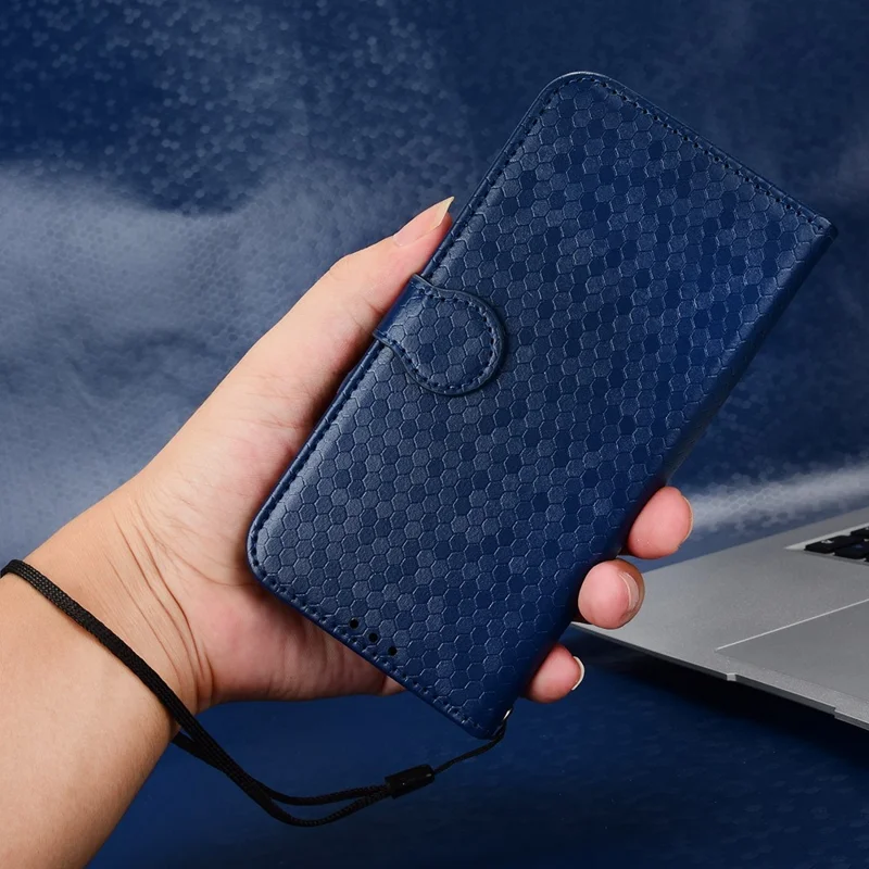 For TECNO Spark Go 2 4G Wallet Case Dot Pattern Imprint PU Leather Phone Cover with Wrist Strap - Dark Blue
